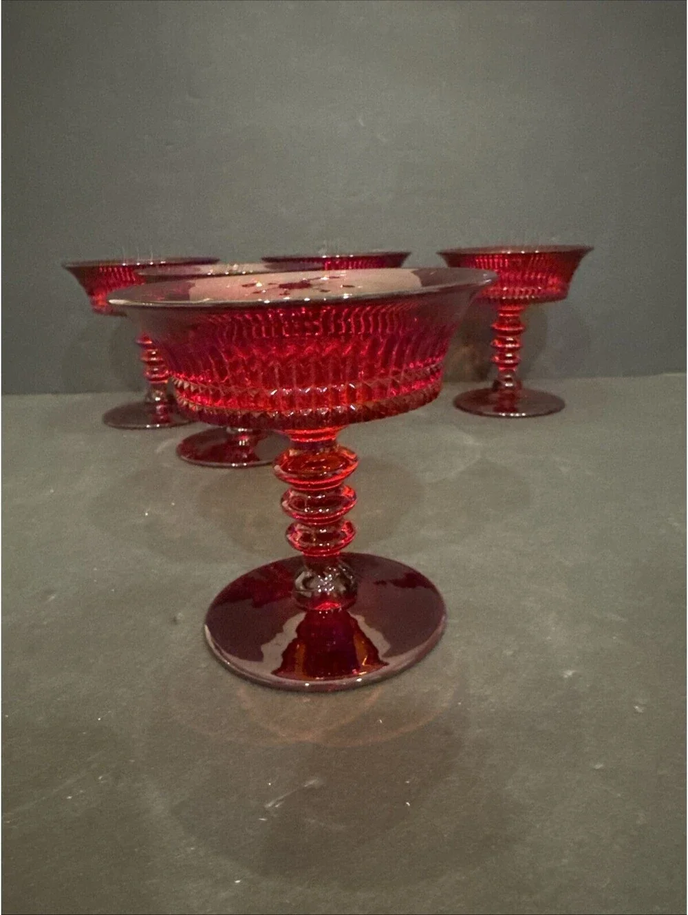 Vtg Fenton Art Glass (5) Lincoln Inn Ruby Red Champagne Sherbet Glasses 1930’s